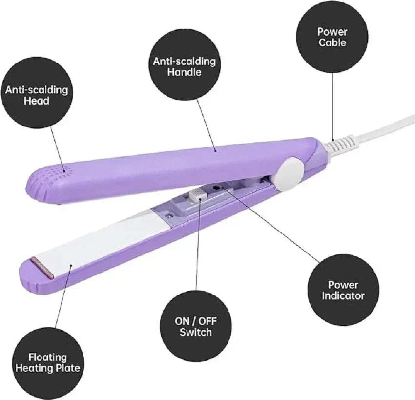 Compact purple mini flat iron with anti-scalding head and handle, floating heating plates, power cable, on/off switch, and power indicator for travel styling