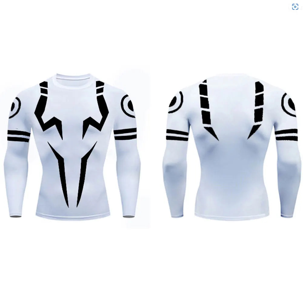 Anime Jujutsu Kaisen Sukuna edition compression t-shirt with black tribal design on white, front and back view, breathable athletic fit