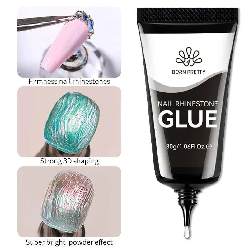 BORN PRETTY 10g Gel Nail Glue for rhinestones with super strong adhesive, no wipe formula, quick curing, and long-lasting hold for 3D nail art and crystals