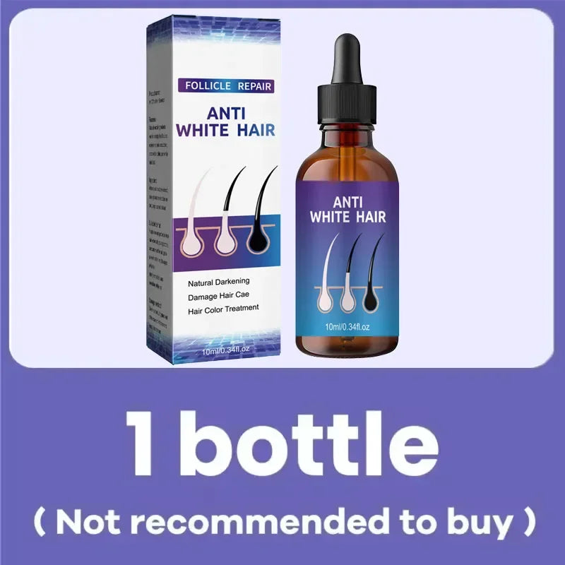 Anti white hair natural darkening hair care bottle and box with follicle repair text with product disclaimer on purple background
