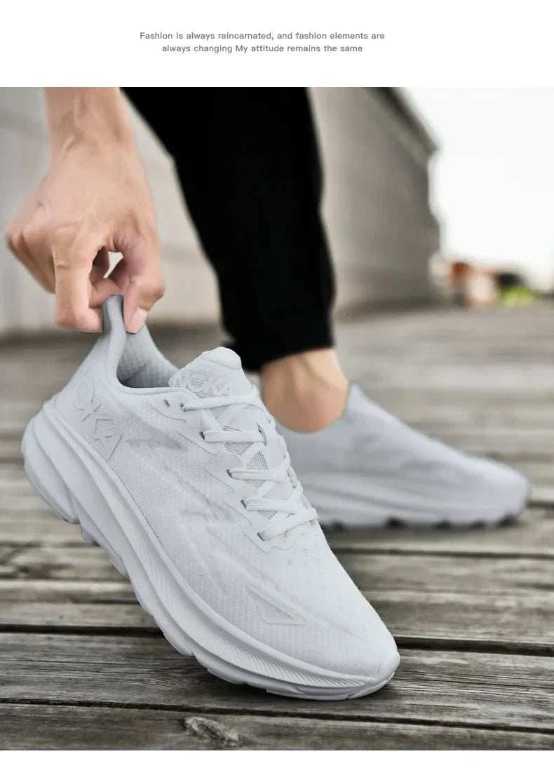 White carbon plate air cushion running shoe with lightweight breathable mesh and ergonomic design on wooden surface