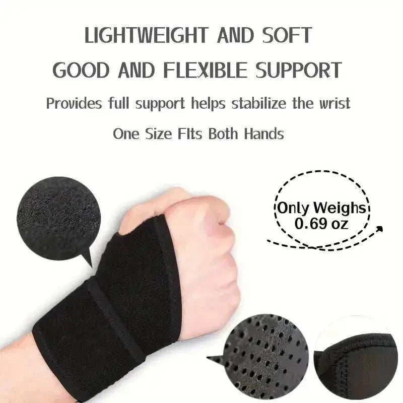 Adjustable wrist brace in black, lightweight and breathable, providing flexible support and stabilizing fit for both hands.