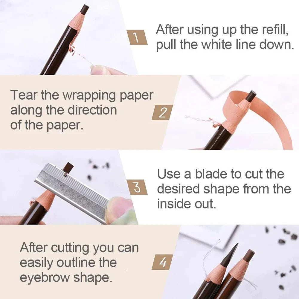 Instructional images showing how to use the eyebrow pencil and trimmer set for shaping and outlining eyebrows.