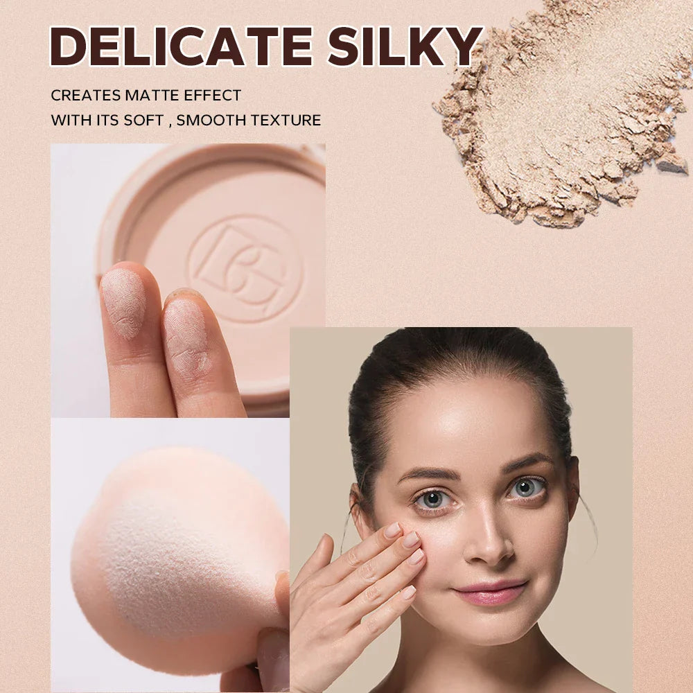 BEAUTY GLAZED Oil Control Matte Face Powder compact with soft texture, powder swatch, and woman applying matte finish makeup