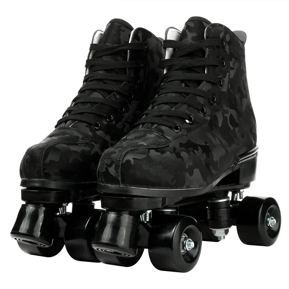 Black PU leather flash roller skates with quad wheels and lace-up high-top design