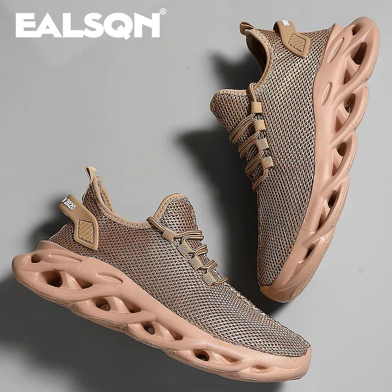 Lightweight breathable running sneakers with cushioned shock-absorbing sole in brown mesh design for men and women