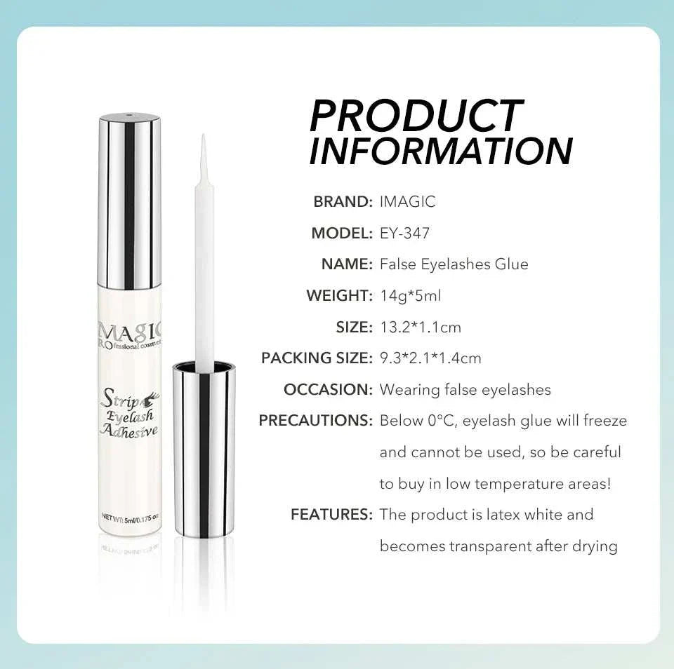 IMAGIC 5ml waterproof fast-dry false eyelash extension glue with transparent formula and precision applicator.