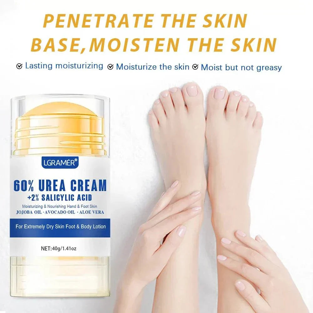 Urea Foot Cream 40g stick with 60% urea and salicylic acid for deep moisturizing and repairing dry, cracked feet.