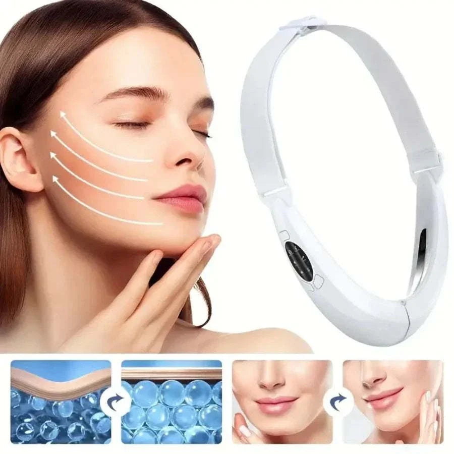 V Line Face Lift Massager with LED display for jawline lifting and firming, featuring 5 modes including light therapy and heating, rechargeable and portable.