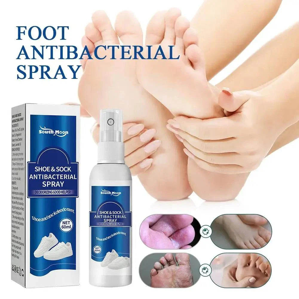 60ml antibacterial shoe and foot odor spray with deodorizing formula for shoes, socks, and feet, promoting freshness and hygiene.