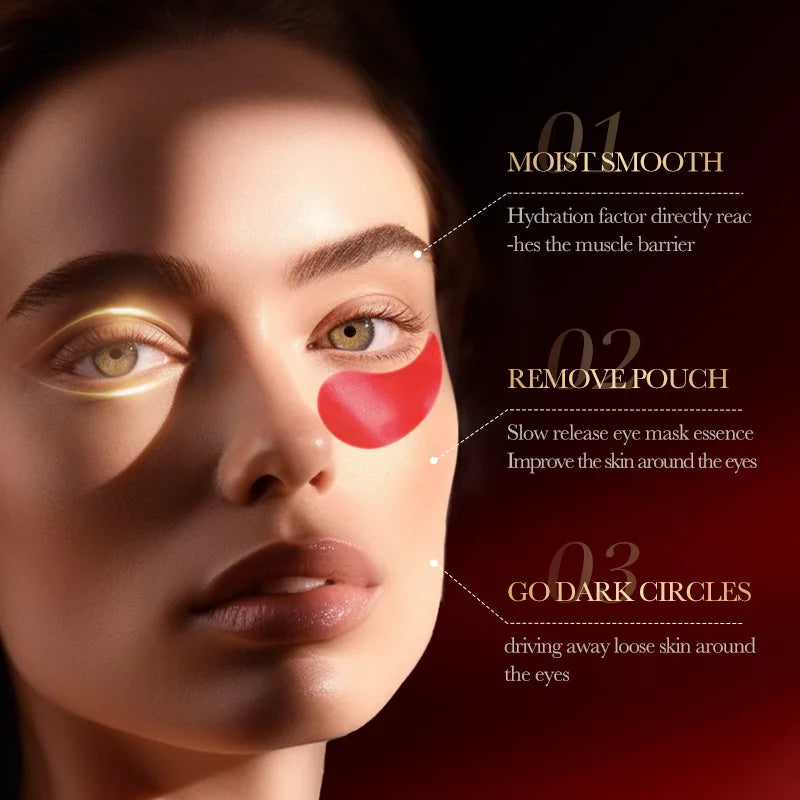 Woman wearing SADOER Red Pomegranate Eye Mask under eye to hydrate, reduce puffiness and dark circles