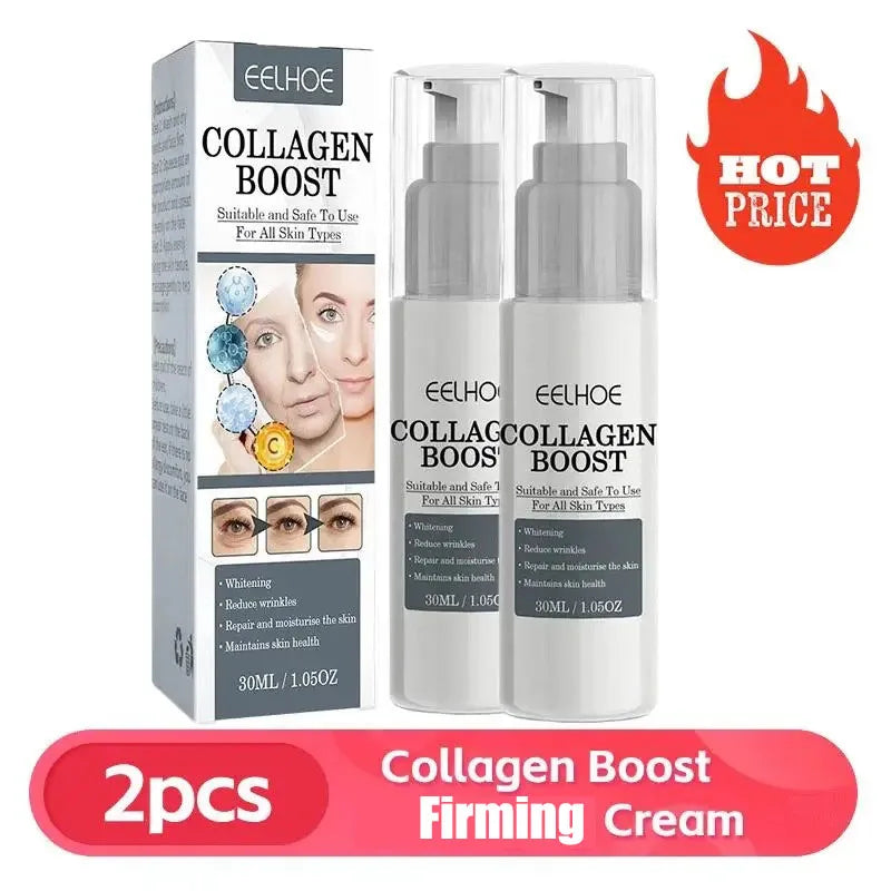 Two bottles of Collagen Boost Firming Essence Cream with packaging, highlighting anti-aging and skin brightening benefits, labeled 2pcs set and hot price offer.