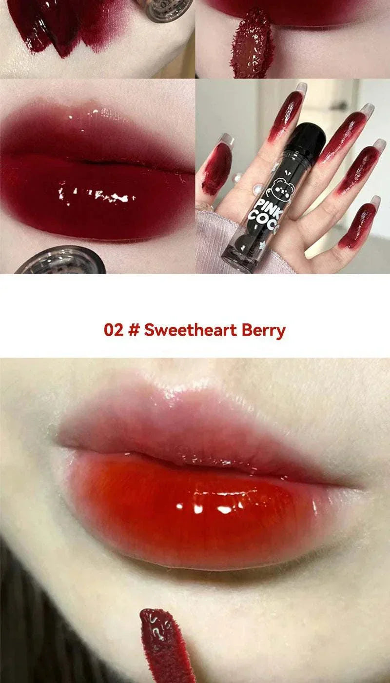 PINKCOCO Bear Doodle Mirror Lip Glaze in shade 02 Sweetheart Berry showing glossy, vibrant berry and red lip finishes with cute bear doodle packaging.