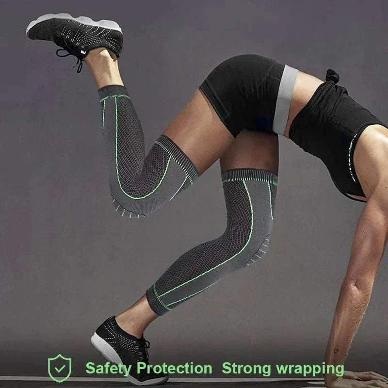 Athlete wearing breathable compression knee pads with safety protection and strong wrapping during workout