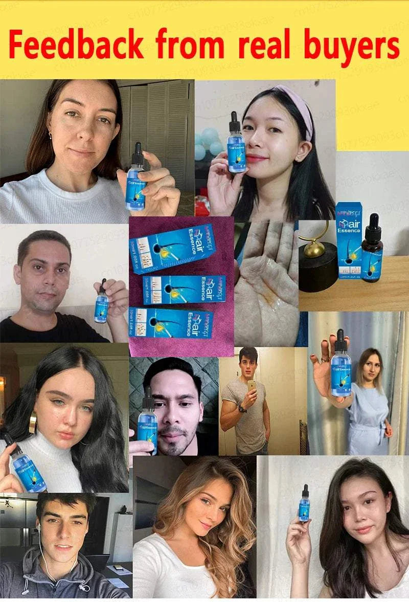 Collage of diverse real buyers showing positive feedback holding 21st Century Hair Growth Treatment blue dropper bottles against a yellow background with "Feedback from real buyers" text.