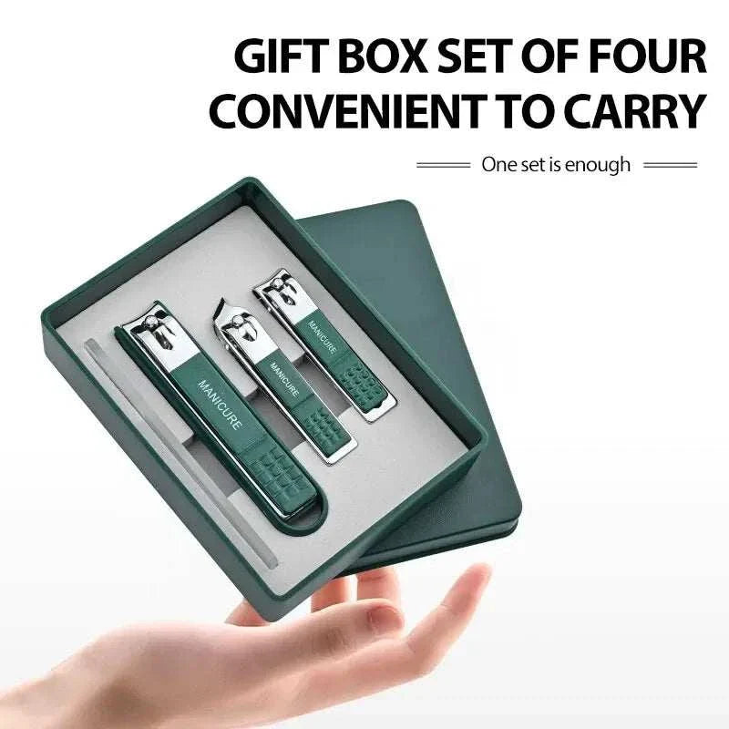 Compact nail clipper set with four stainless steel clippers in a sleek gift box, suitable for travel and home grooming.
