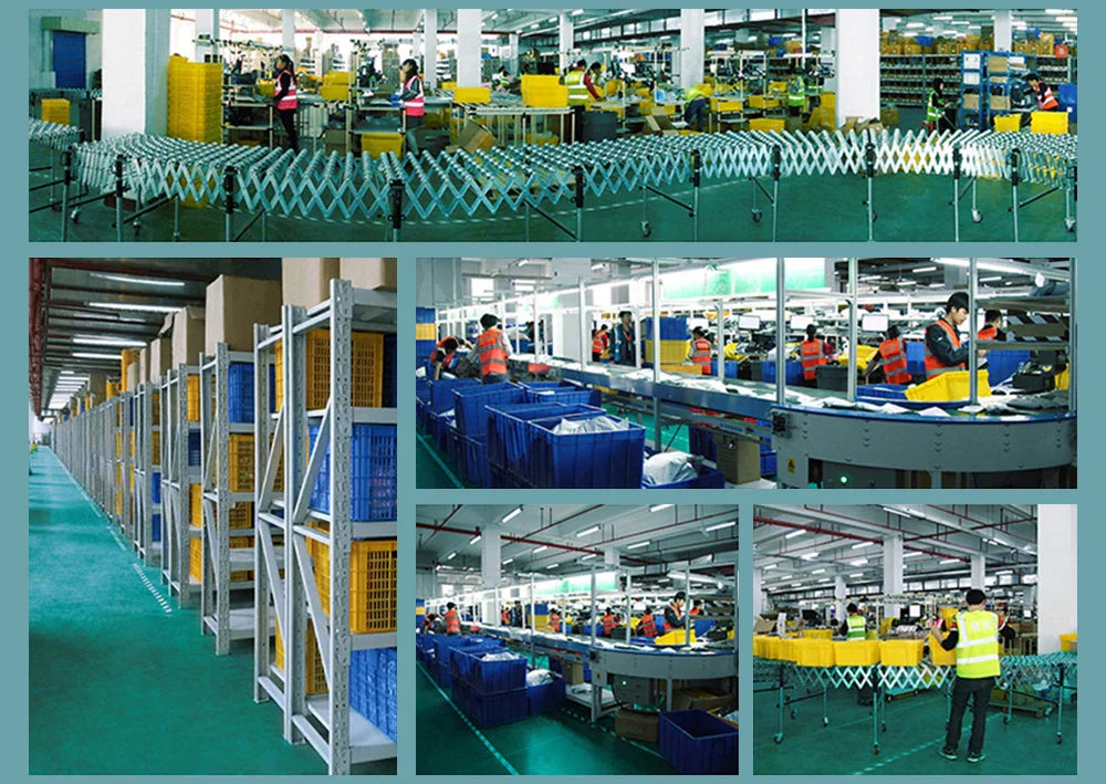 Factory interior with workers assembling and packaging non-slip yoga mats on conveyor belts and storage shelves filled with crates in a large warehouse environment