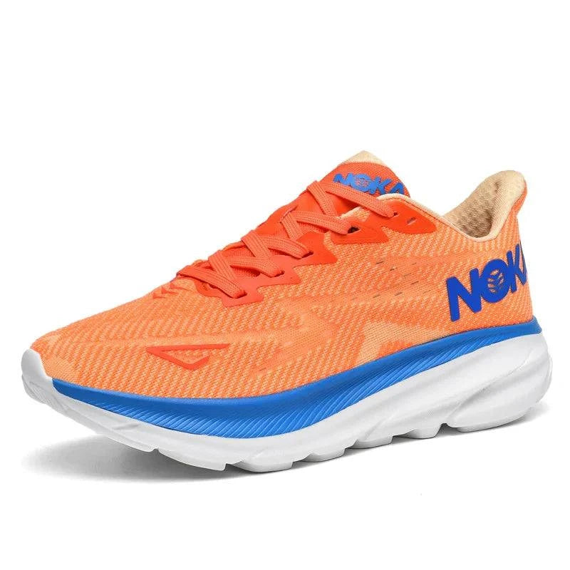 Orange Carbon Plate Air Cushion running shoe with blue and white sole, lightweight breathable mesh upper, and ergonomic unisex design