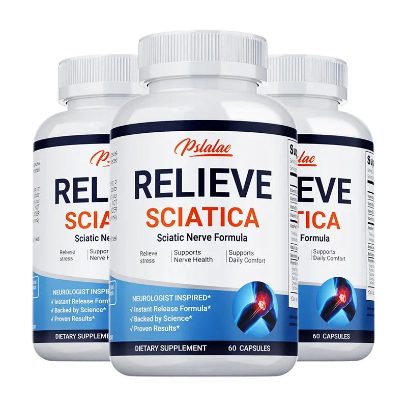 Three bottles of Relieve Sciatica dietary supplements for sciatic nerve pain relief and mobility support