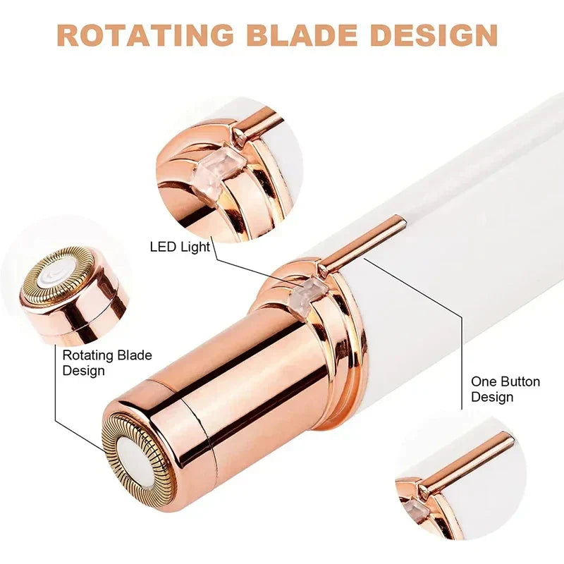 Mini electric facial hair removal razor for women with rotating blade, LED light, and one-button design