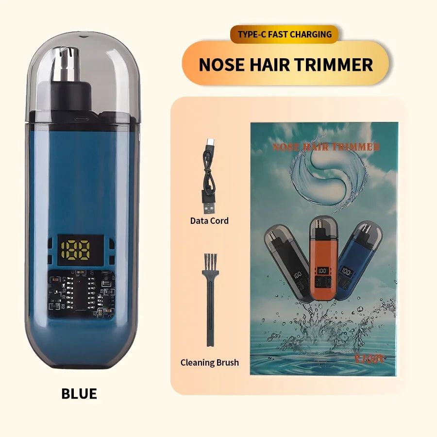 Blue 2-in-1 electric ear and nose hair trimmer with digital display, USB Type-C charging cable, and cleaning brush set