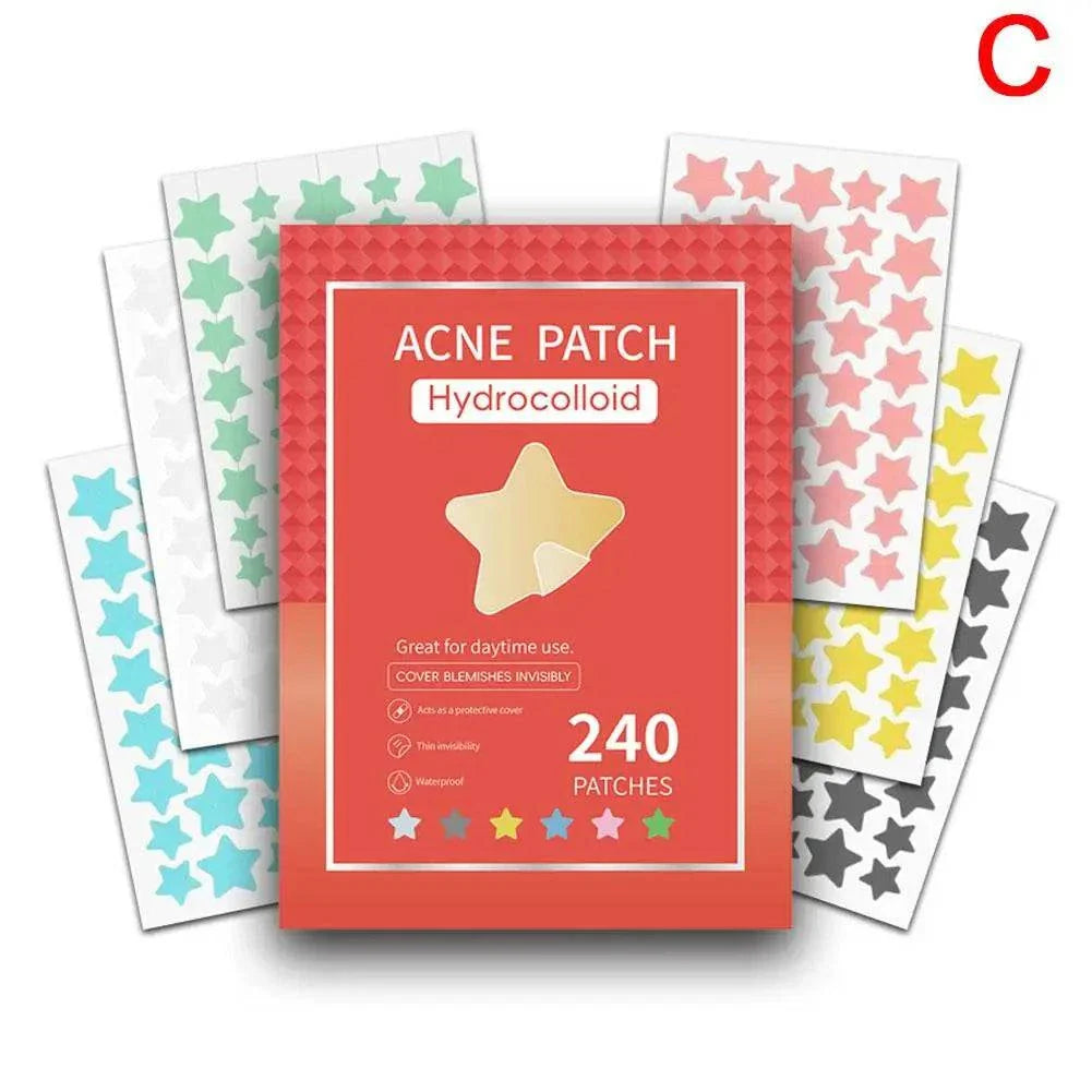 Colorful star-shaped hydrocolloid acne patches in multiple colors with a red resealable package containing 240 patches.