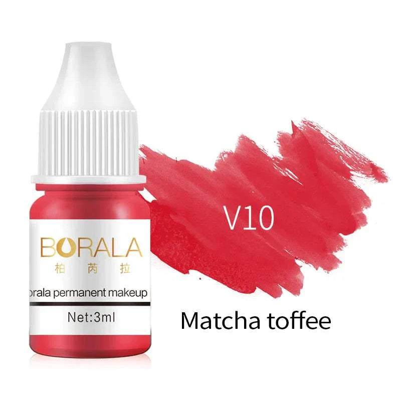 Borala 26 Colors 3ML permanent makeup pigment bottle in Matcha Toffee V10 shade with red color swatch.