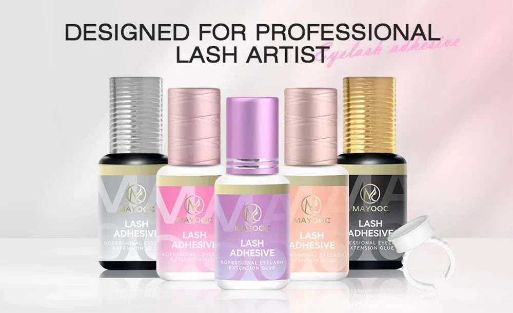 Professional 0.3 Sec Eyelash Extension Glue bottles in various colors designed for fast drying and strong hold for sensitive eyes.
