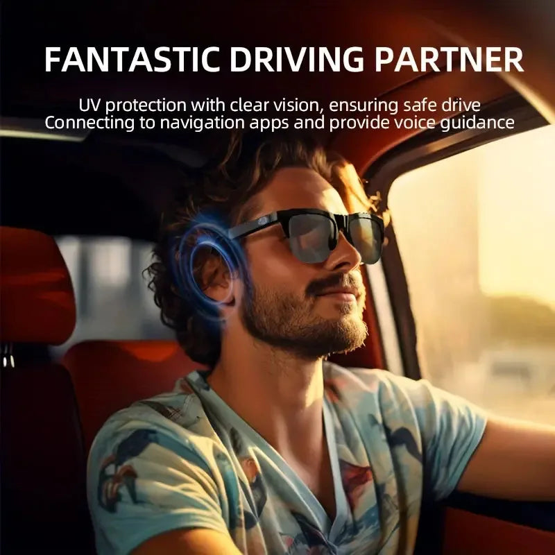 Man wearing AI translation smart glasses with Bluetooth audio and UV protection while driving