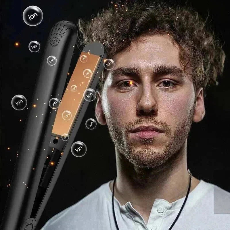 Mini & Portable 2-in-1 hair straightener and volumizing tool with ceramic plates and ion technology next to a man with styled hair