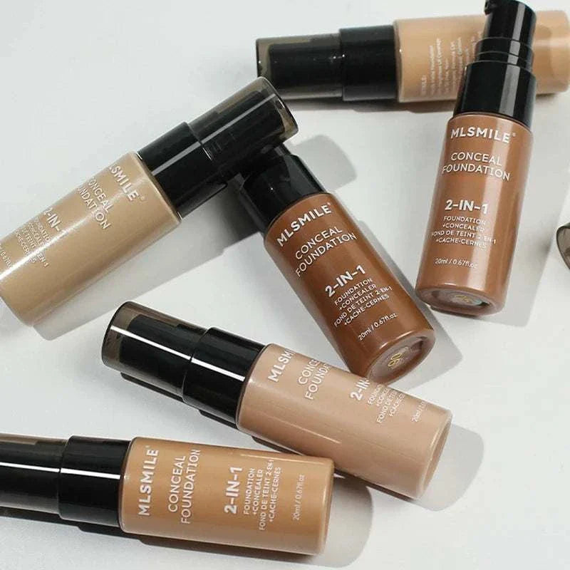 Assorted shades of MLSMILE 2-in-1 face foundation cream bottles with pump dispensers on white background