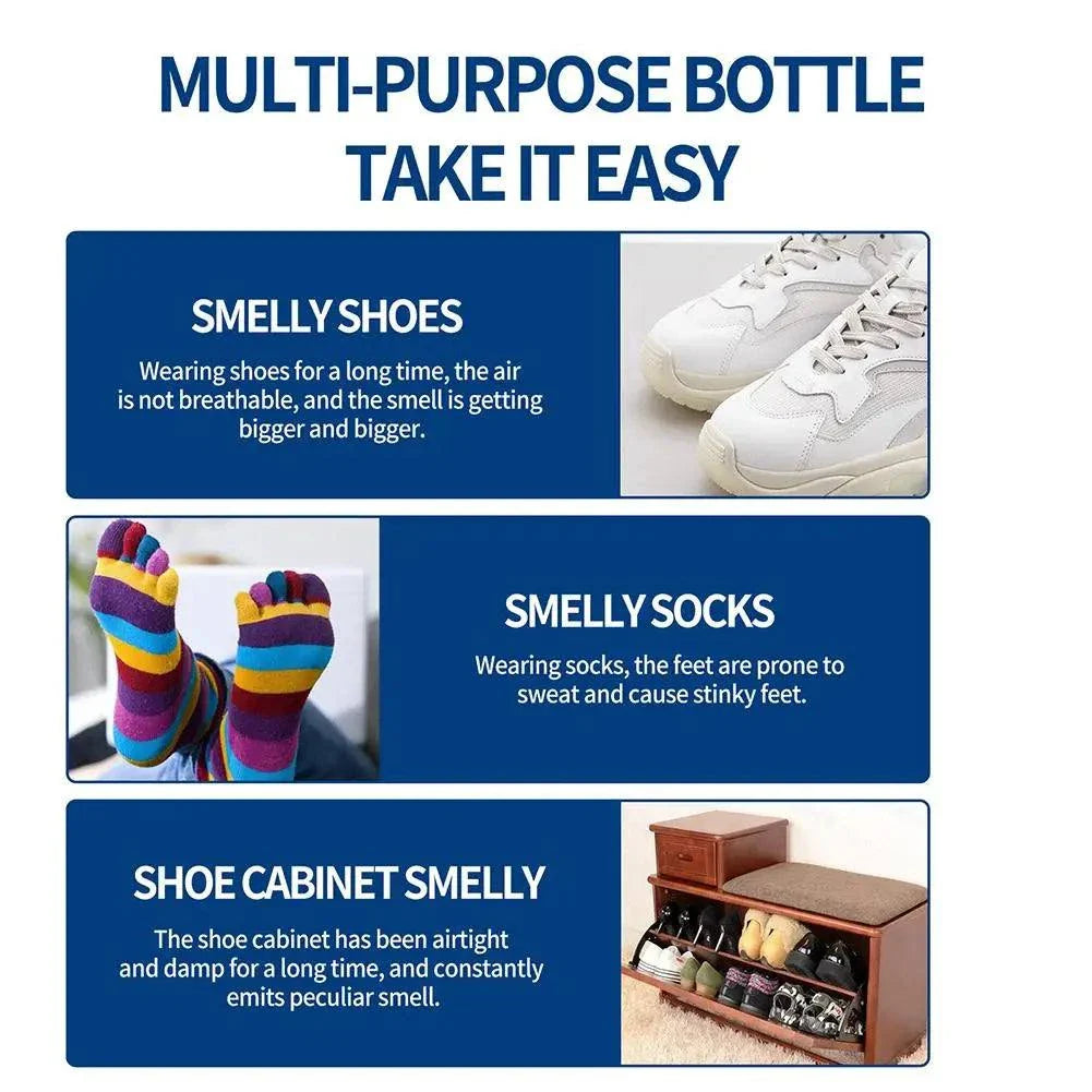 Antibacterial shoe and foot odor spray showing uses for smelly shoes, socks, and shoe cabinets with white sneakers, colorful socks, and shoe storage cabinet images.
