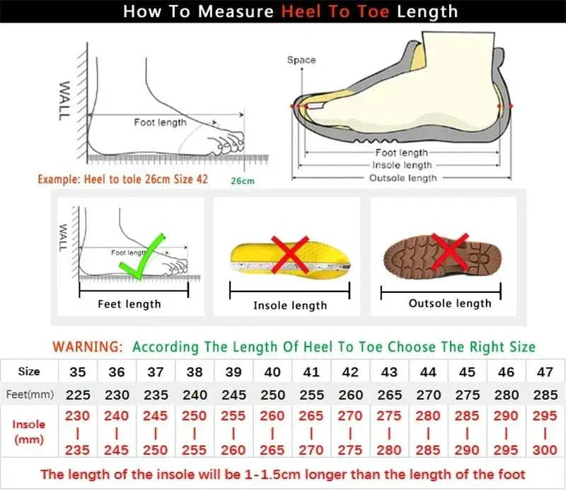 Diagram showing how to measure heel to toe foot length for choosing the right size in lightweight running shoes.