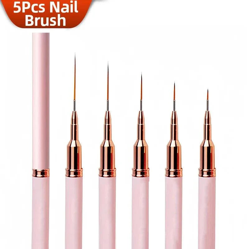 Set of 5 pink nail liner brushes with fine nylon bristles for precise nail art detailing and various design lengths