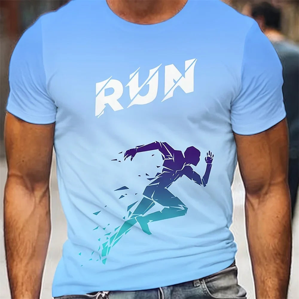 Men's Running Pattern Print sports T-shirt with bold runner graphic on light blue fabric, lightweight and breathable fitness tee