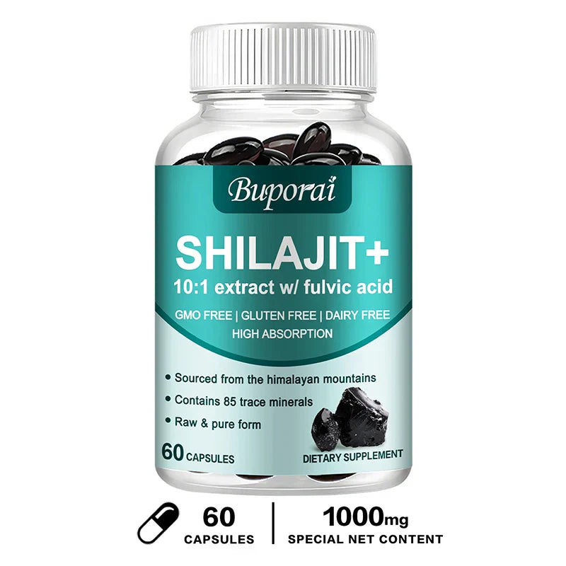Bottle of Buporai Shilajit+ dietary supplement with 60 capsules, 10:1 extract with fulvic acid for cognitive health, energy, and immunity.