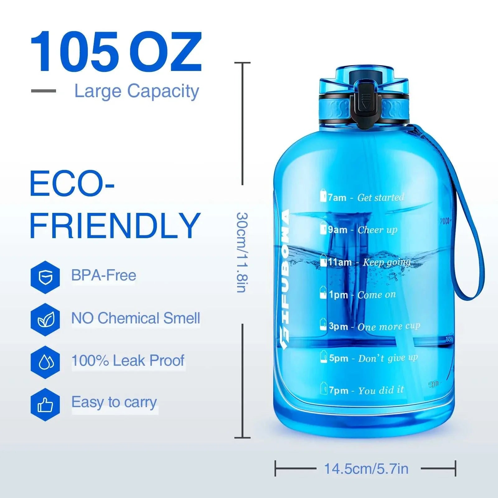 3L motivational water bottle with time markers, leak-proof, BPA-free, eco-friendly, 105oz large capacity, flip straw and handle, blue color.