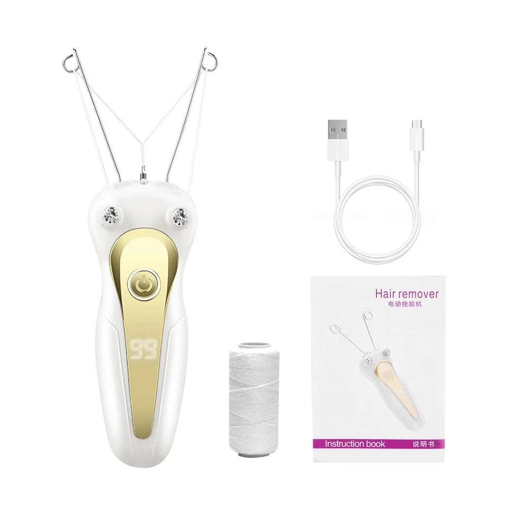 Rechargeable electric body hair remover with cotton thread epilation, USB charging cable, spool of thread, and instruction manual, designed for gentle and efficient hair removal.