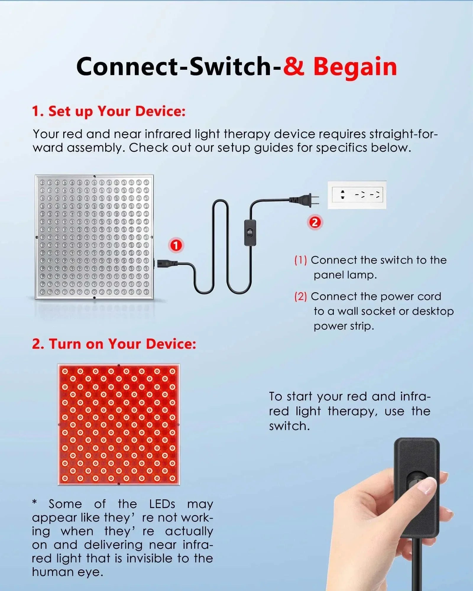 45W LED red light therapy panel with 225 LEDs for skin care and pain relief, including power switch and plug setup instructions