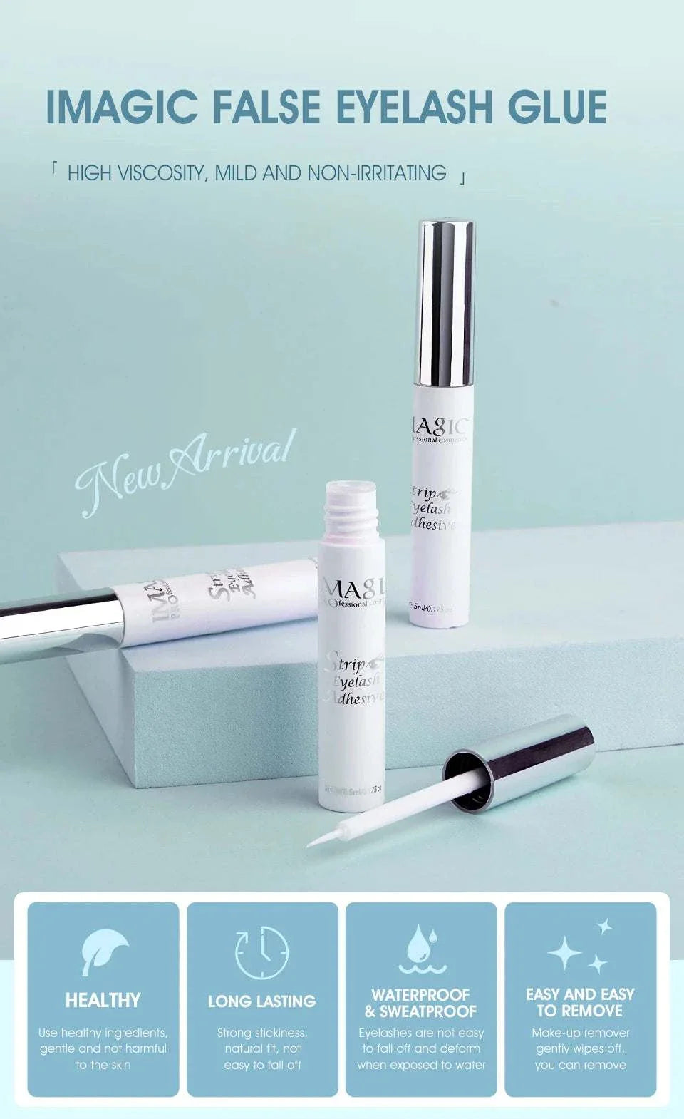 IMAGIC 5ml false eyelash extension glue with waterproof, fast-dry, long-lasting, and non-irritating formula in a clear, compact bottle