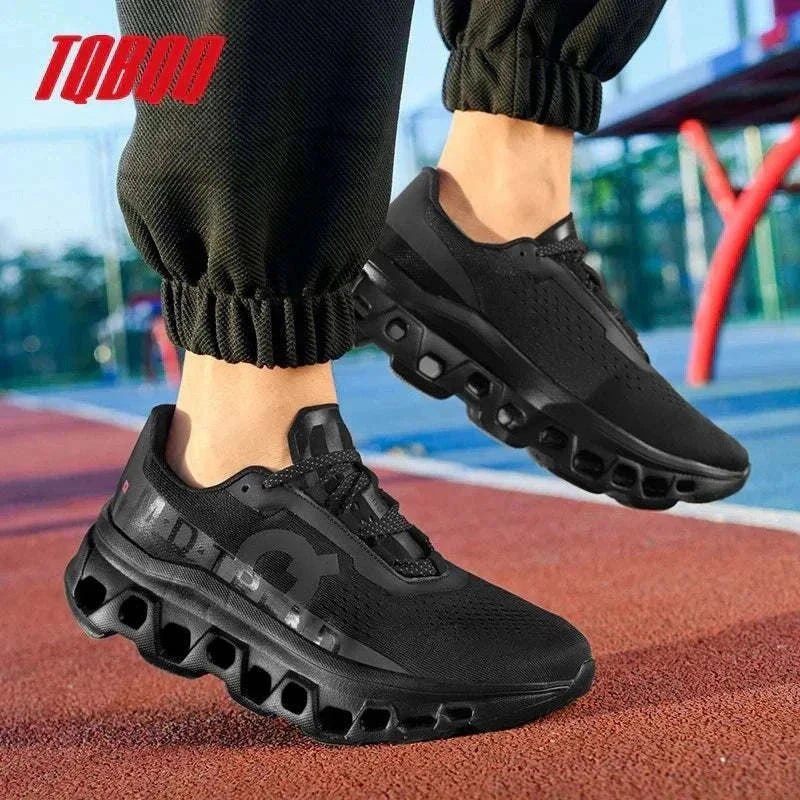 Black men's running shoes with cushioned soles and breathable mesh uppers for comfortable athletic performance