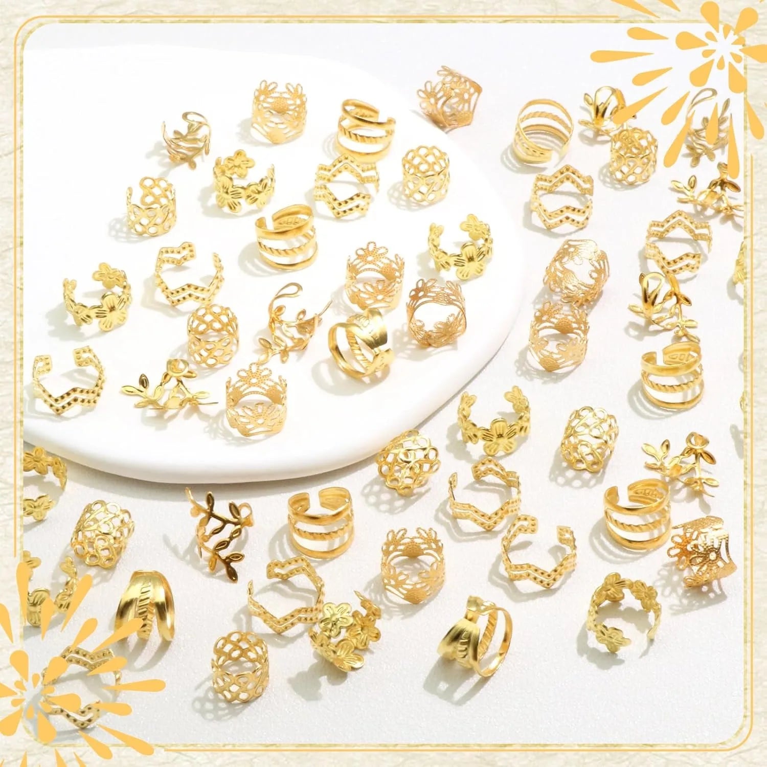 60PCS gold hair jewelry for braids with assorted stylish clips, cuffs, and rings for locs and twists