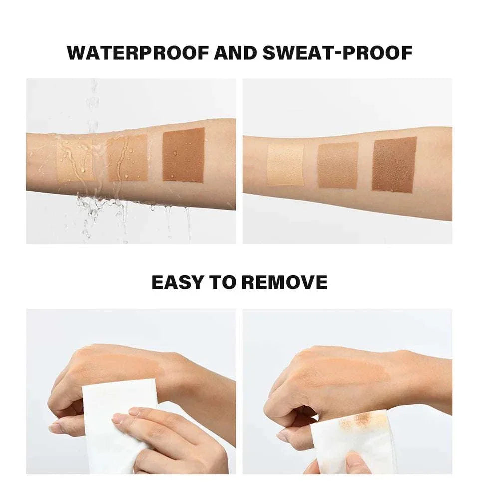 100ml leg makeup swatches on arm showing waterproof, sweat-proof coverage and easy removal with makeup wipe in wheat tan brown shade