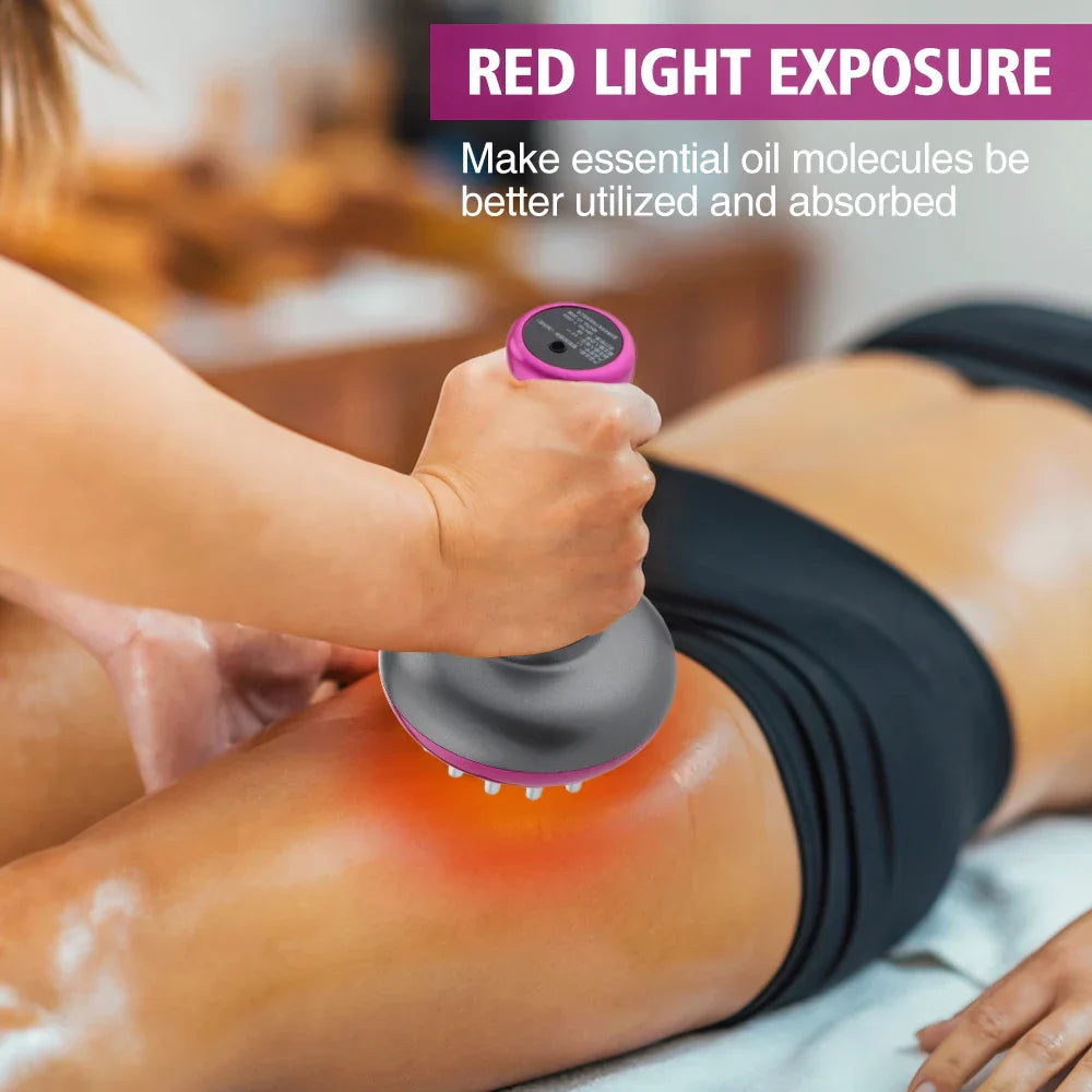 Person using rechargeable guasha massager with red light exposure on thigh for body shaping and lymphatic detox