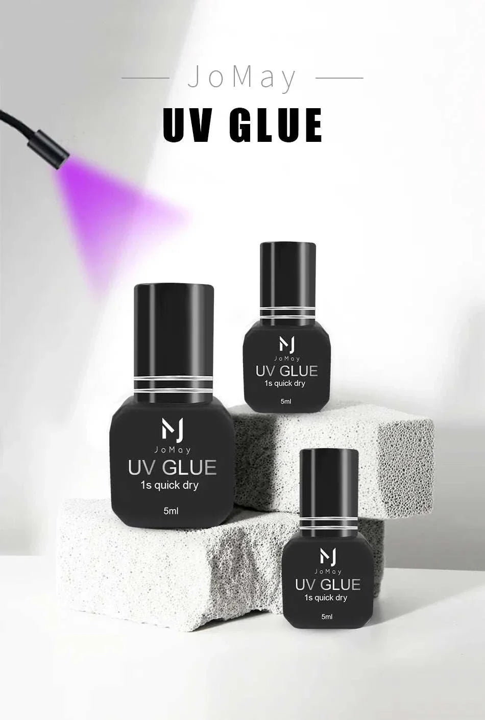 Three black bottles of JOMAY UV Glue Adhesive displayed on white textured blocks with a purple UV light curing the glue.