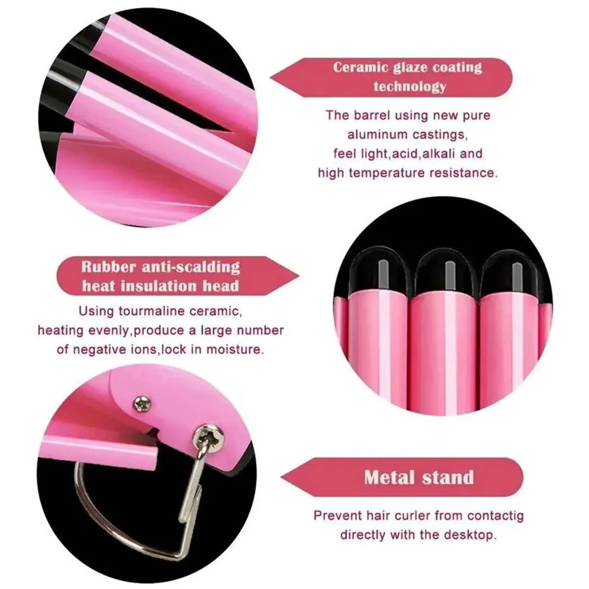 Multifunctional curling iron with ceramic glaze coating, anti-scalding heat insulation, lightweight aluminum barrel, and metal stand for safe styling.