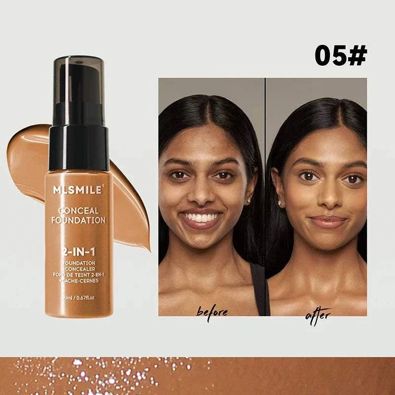 Face Foundation Cream 2-in-1 foundation and concealer with full coverage, matte finish, and waterproof formula shown with before and after skin transformation.