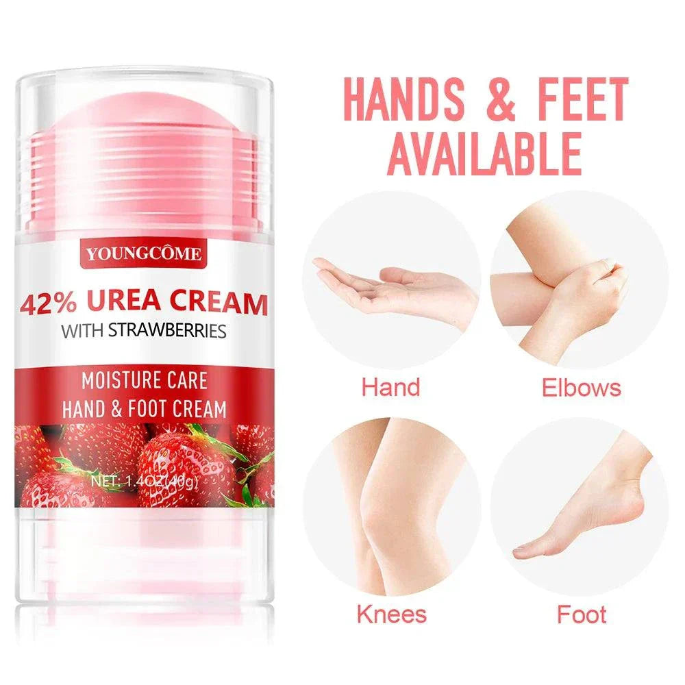 42% Urea Foot Cream with strawberries for moisturizing and repairing dry, cracked skin on hands, feet, elbows, and knees