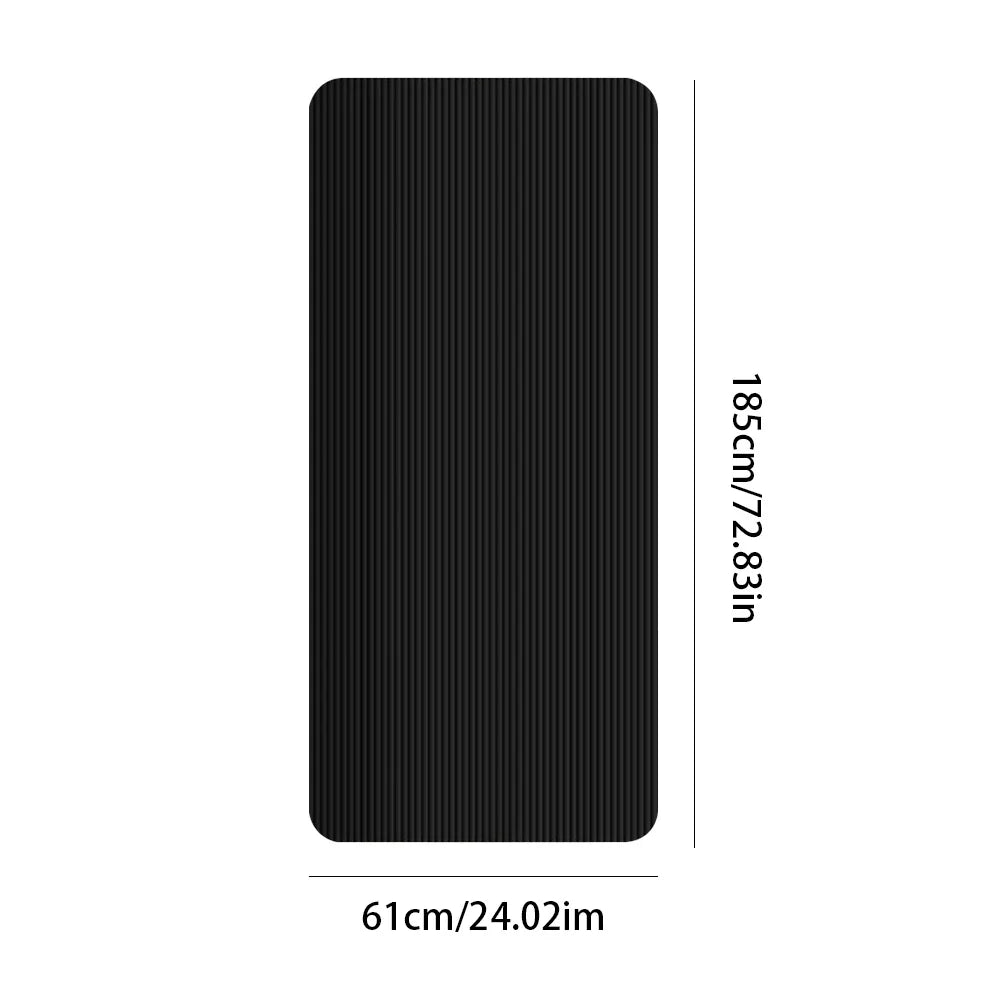 Black non-slip yoga mat with textured surface, 185x61cm, thick cushioning, tear-resistant and water-resistant for stable workouts.