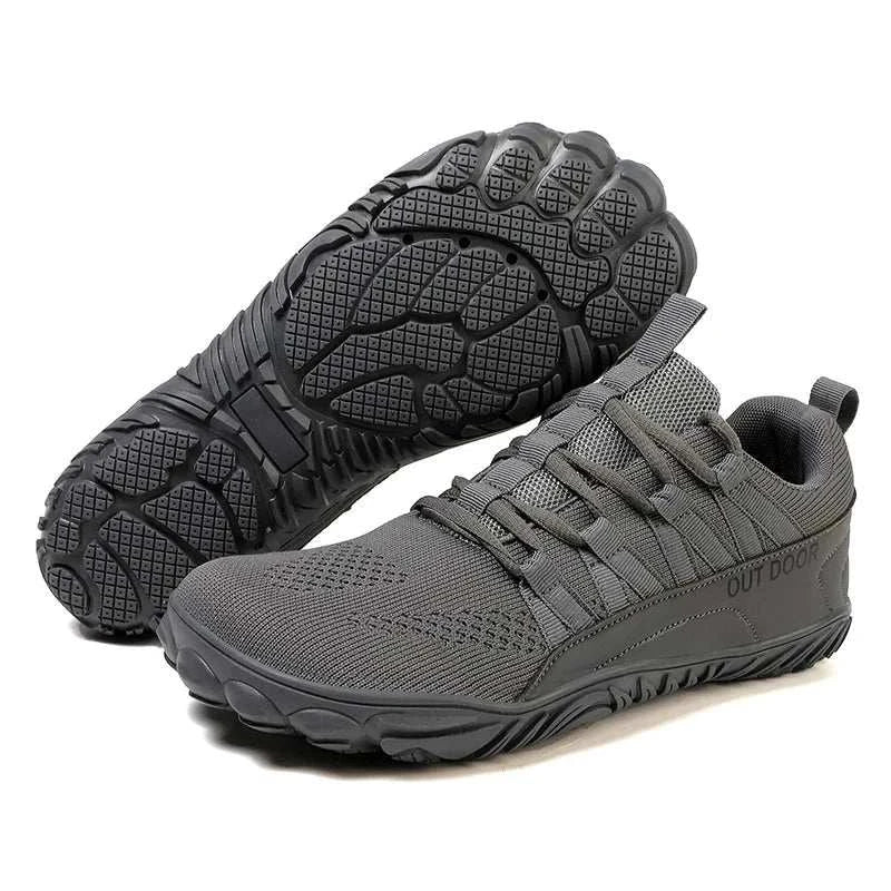 Gray New Hiking Shoes with breathable mesh, flexible barefoot sole, slip-on design, and durable traction outsole for outdoor and indoor use